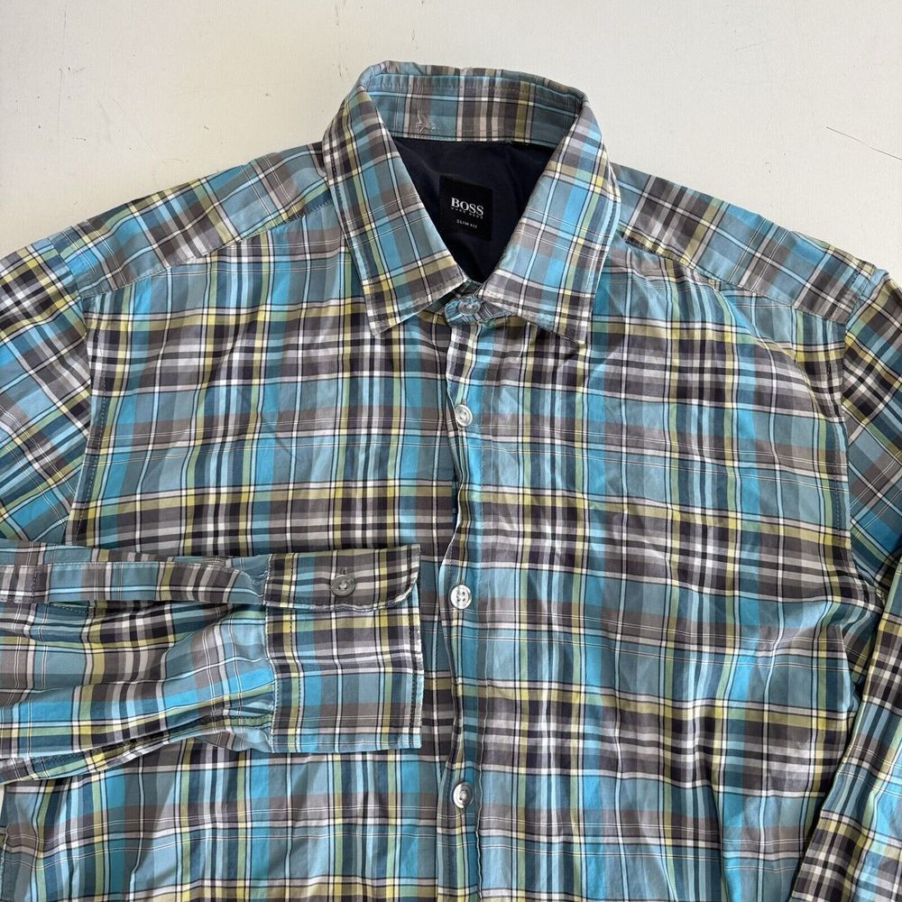 Boss Hugo Boss Short Sleeve‎ Plaid Men's Medium Slim Fit Button Shirt